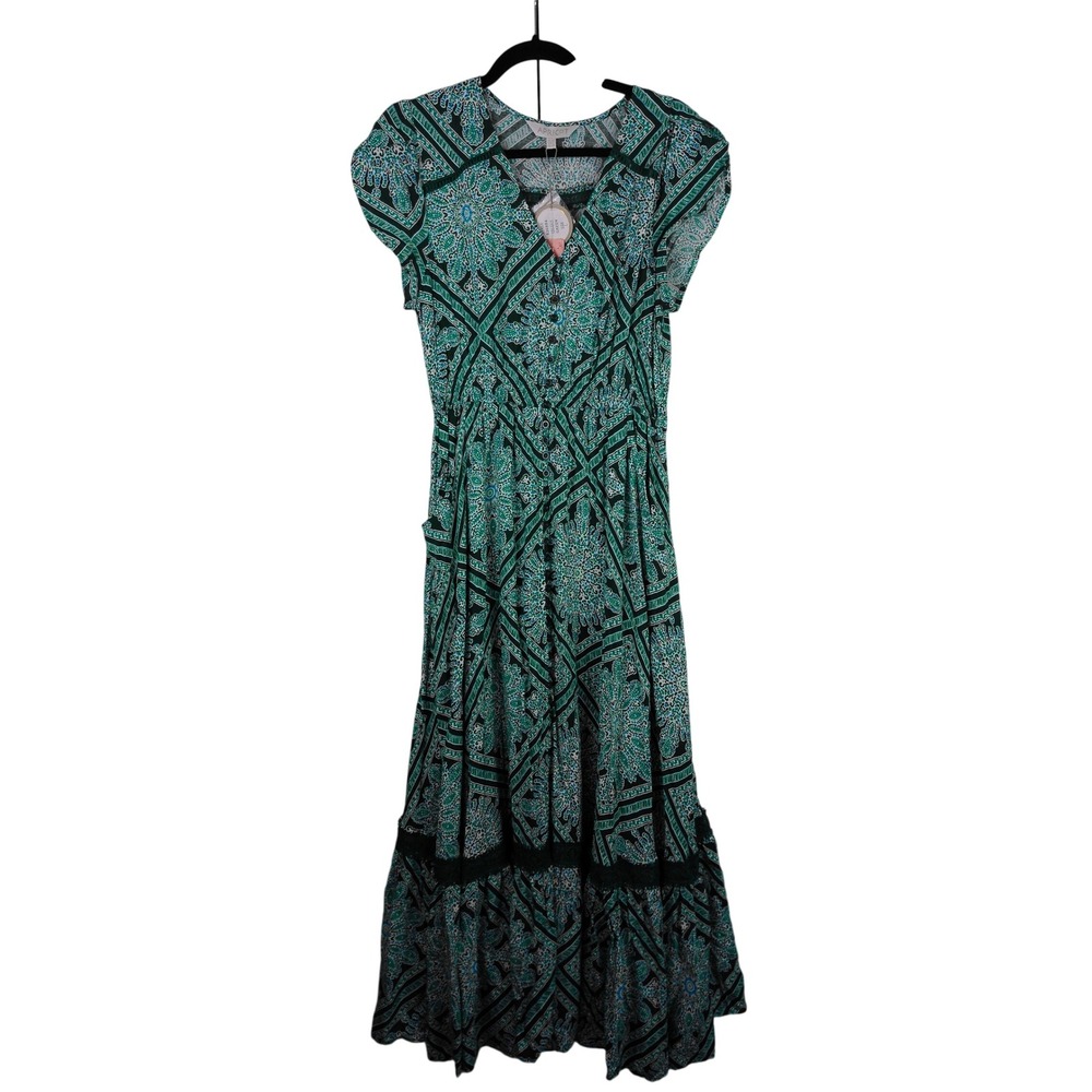 Apricot Womens Green Black Paisley Diamond Crochet Button Maxi Dress US 10 NEW